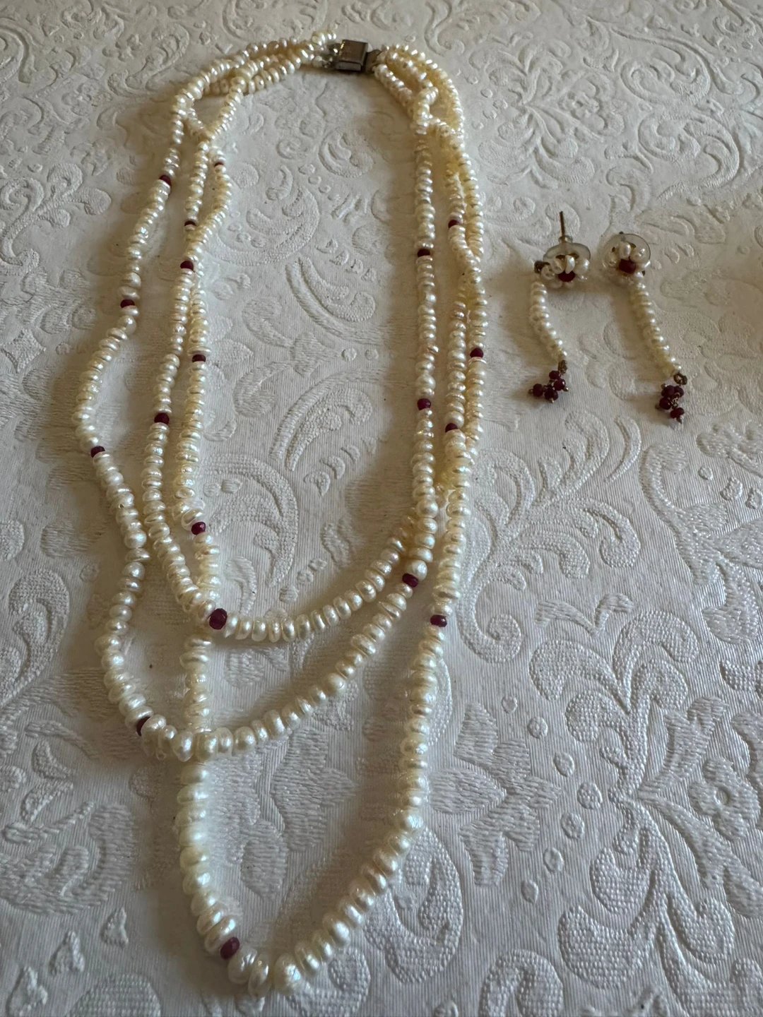 Pearl Necklace and Earring Set with Ruby Accents - photo 3