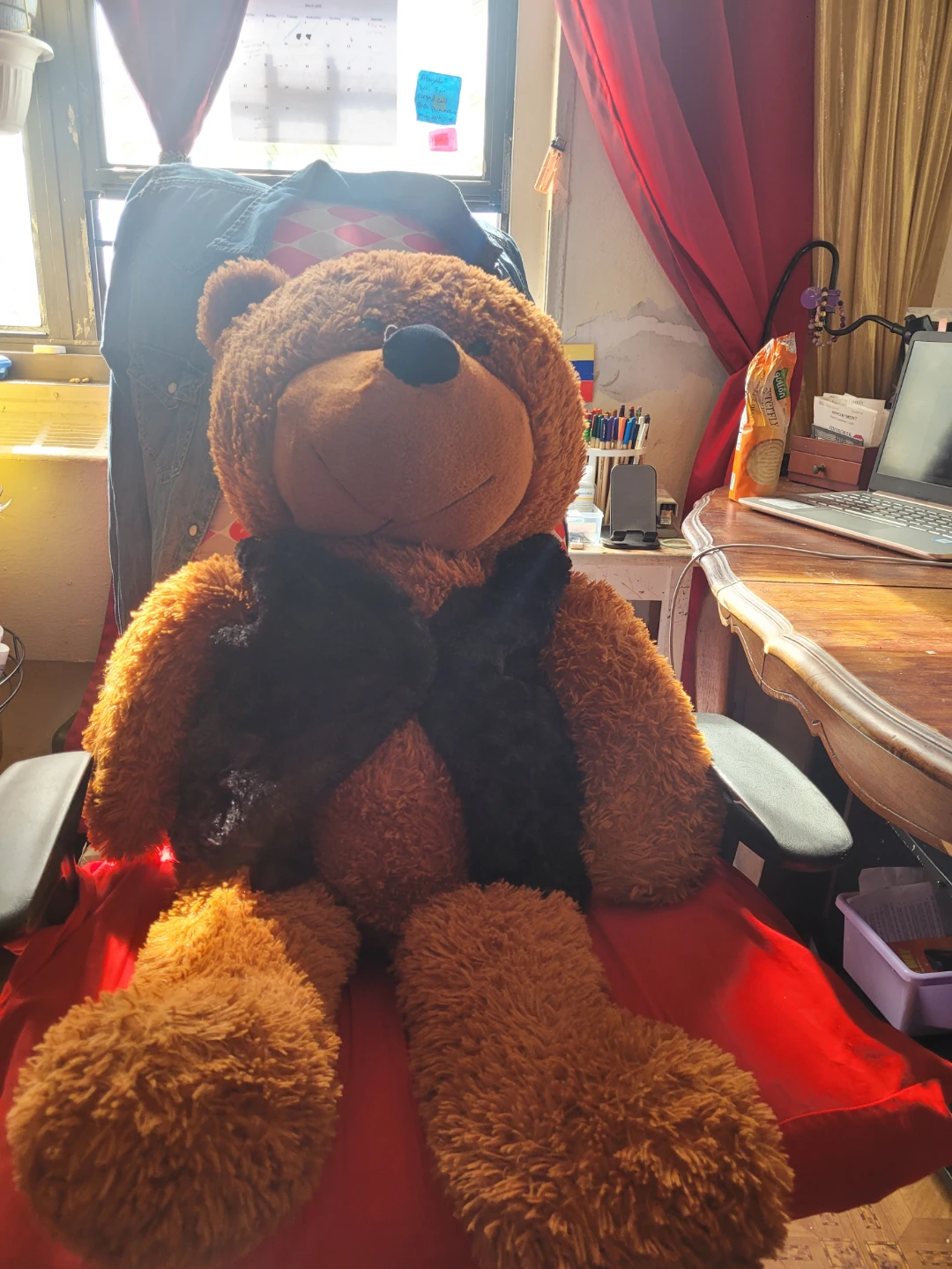 Large Brown Teddy Bear with Black Vest