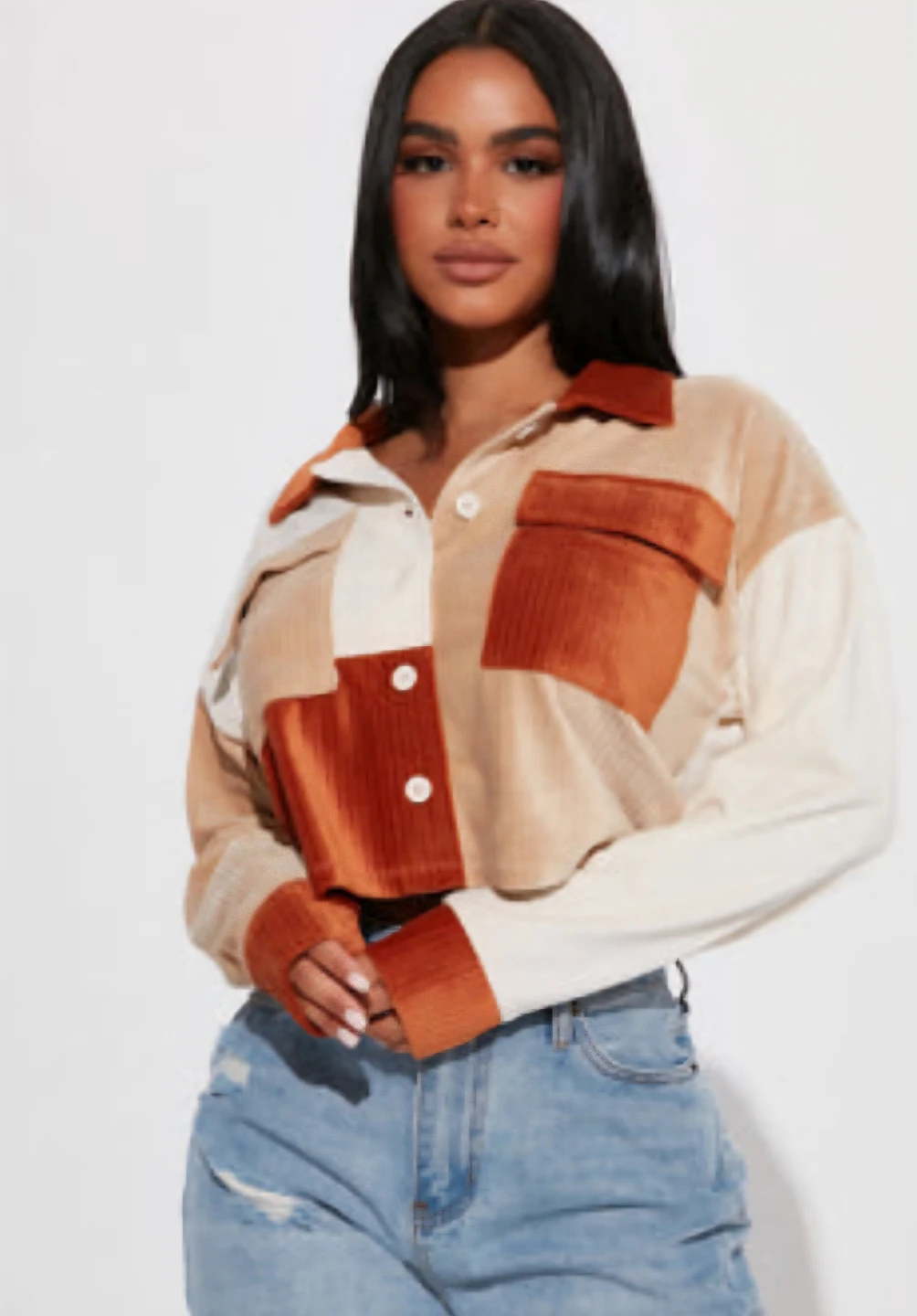 Colour-Blocked Corduroy Shirt Jacket