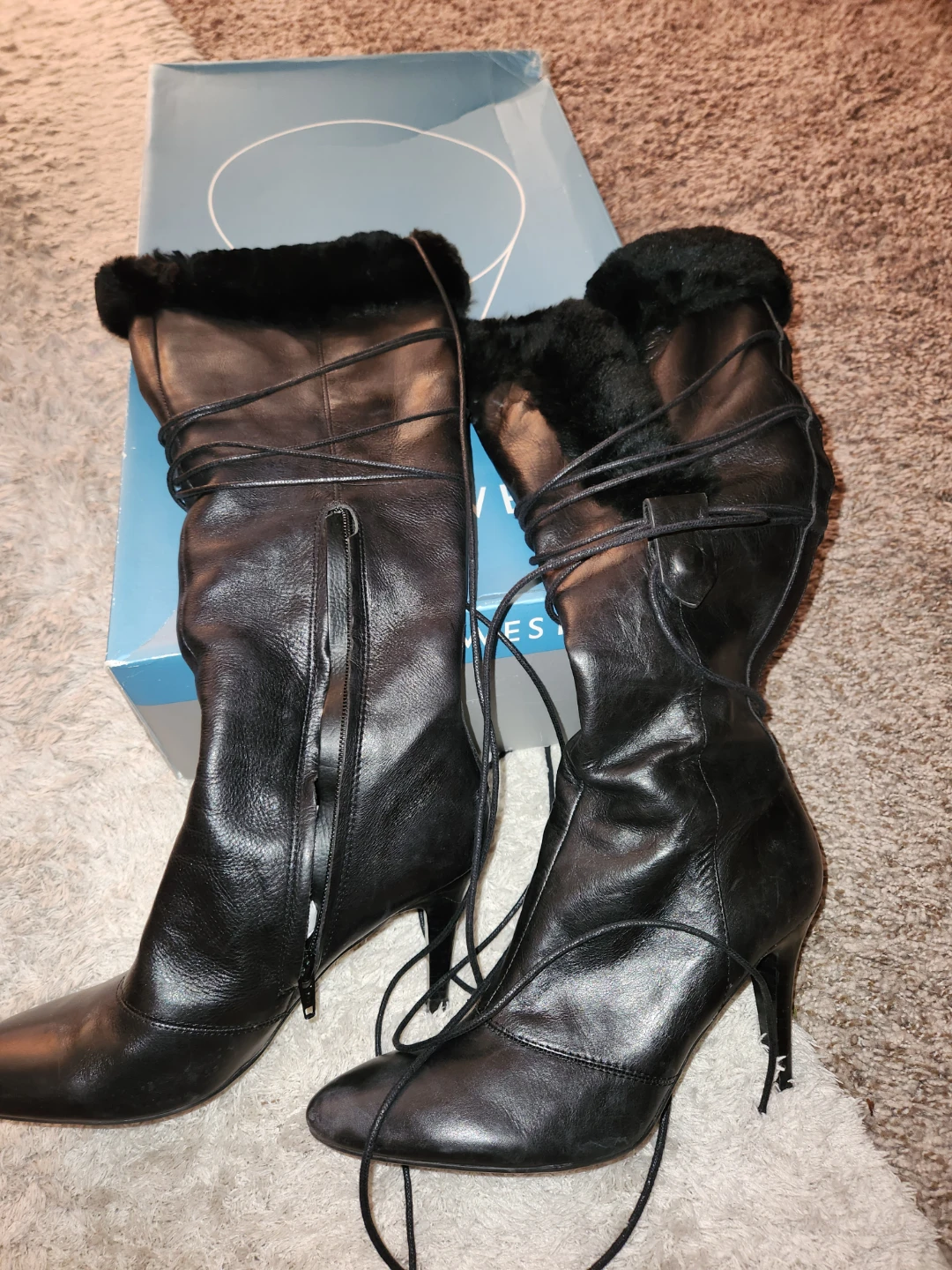 NINE WEST Black Leather Fur Trimmed Boots