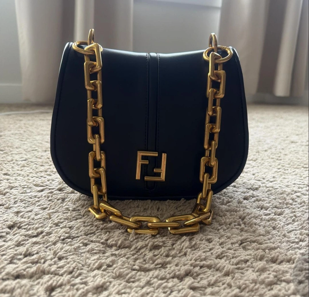 Black Leather Shoulder Bag with Gold Chain