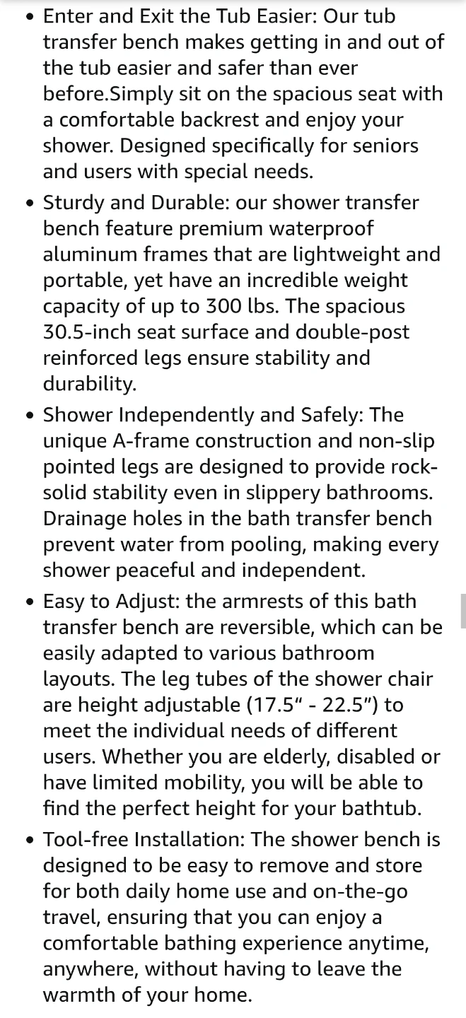 NEW -Careboda Tub Transfer Bench and Shower Chair for Bathtub - photo 5