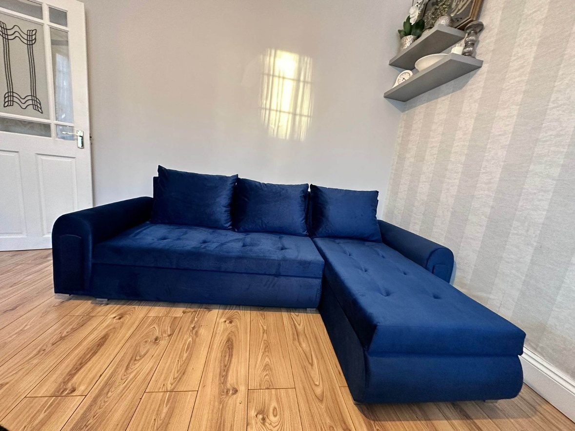 Blue Velvet L-Shaped Sofa Bed with Storage - photo 5
