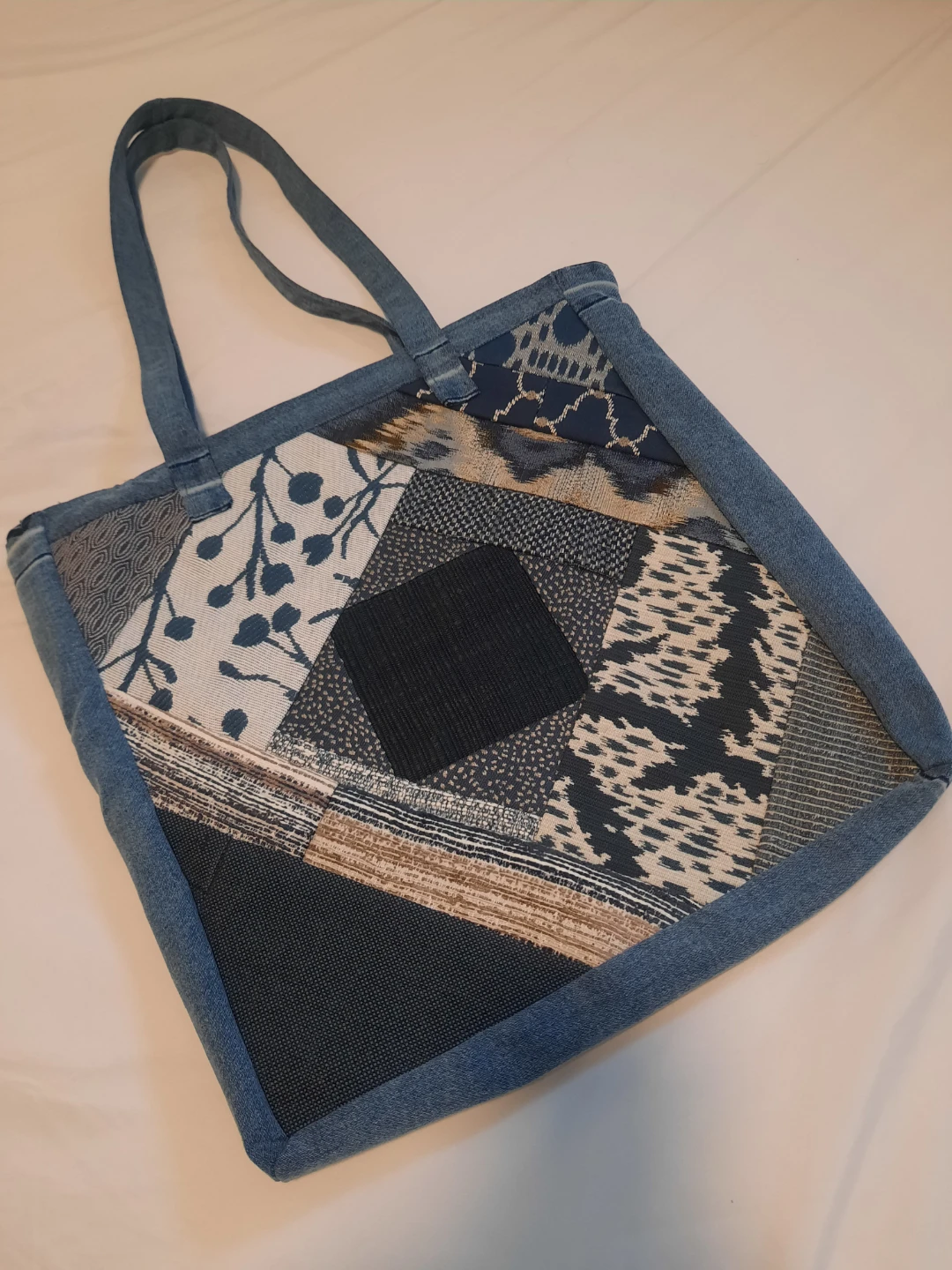 Denim Tote Bag with Patchwork Panel