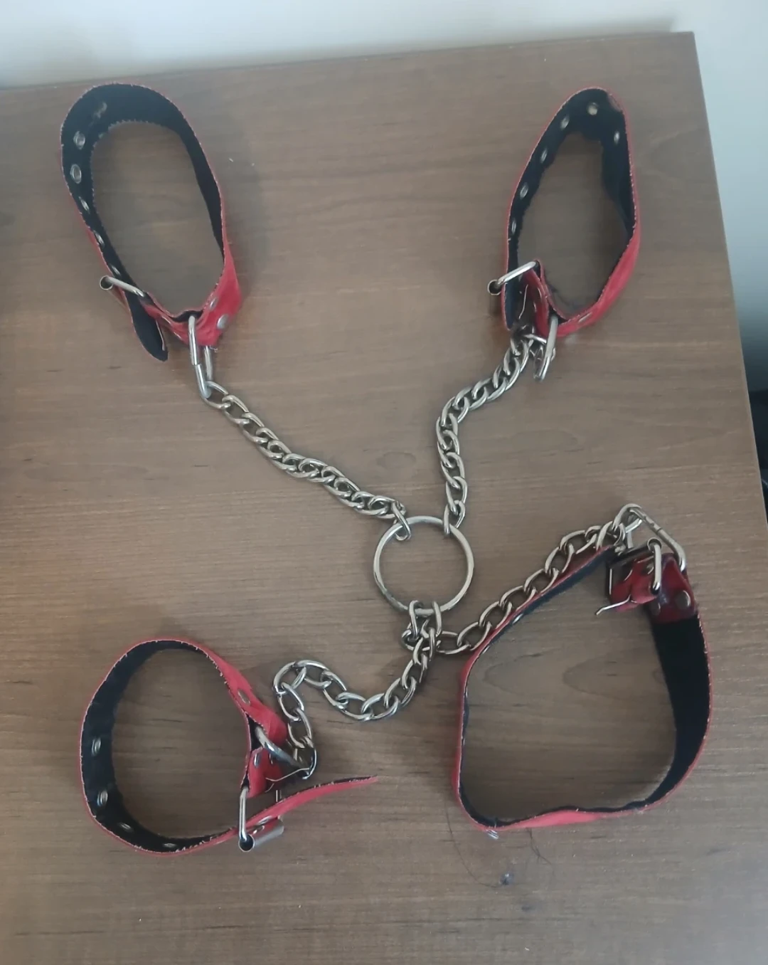 Red Faux Leather Hand and Foot Cuffs with Chain