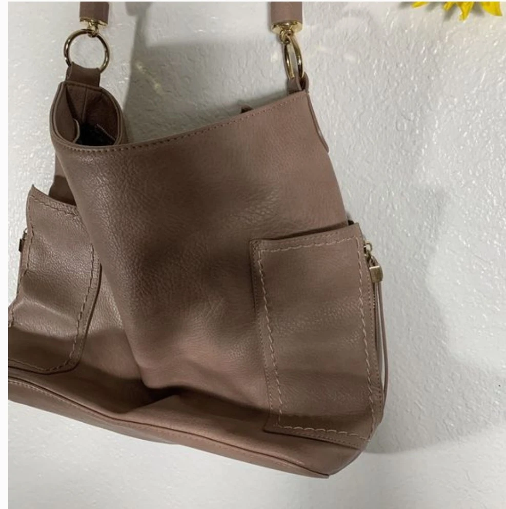 Dusty Rose Faux Leather Hobo Bag with Braided Handle - photo 4