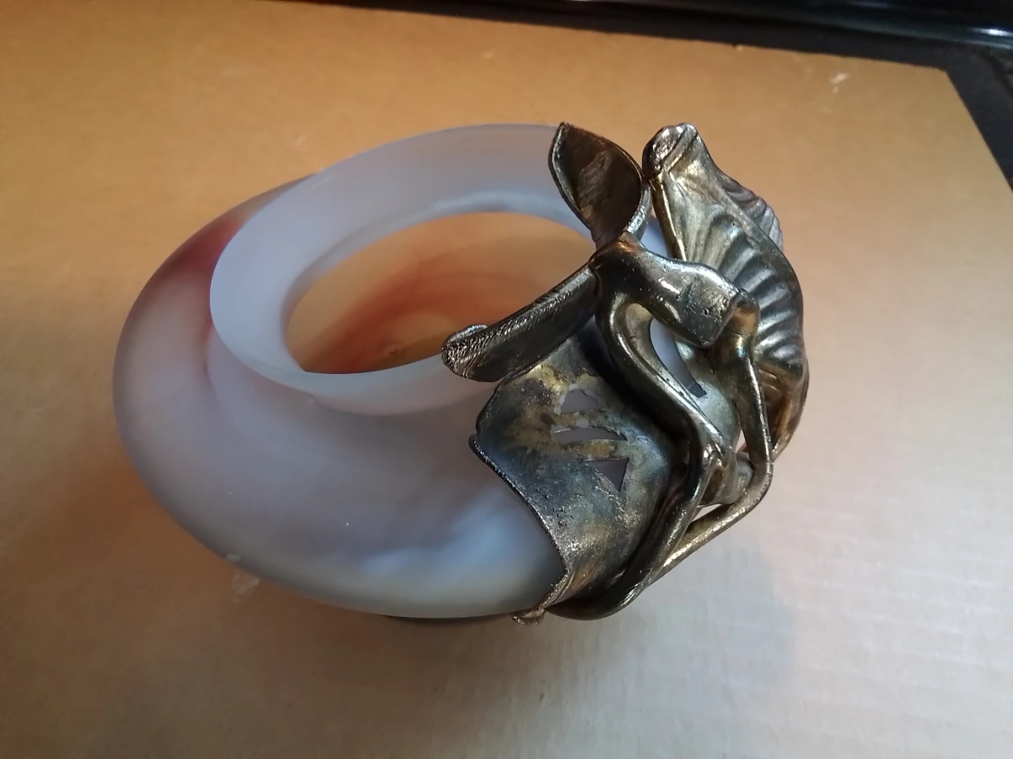 Vintage Art Nouveau Signed Art Glass Vase With Metal Overlay