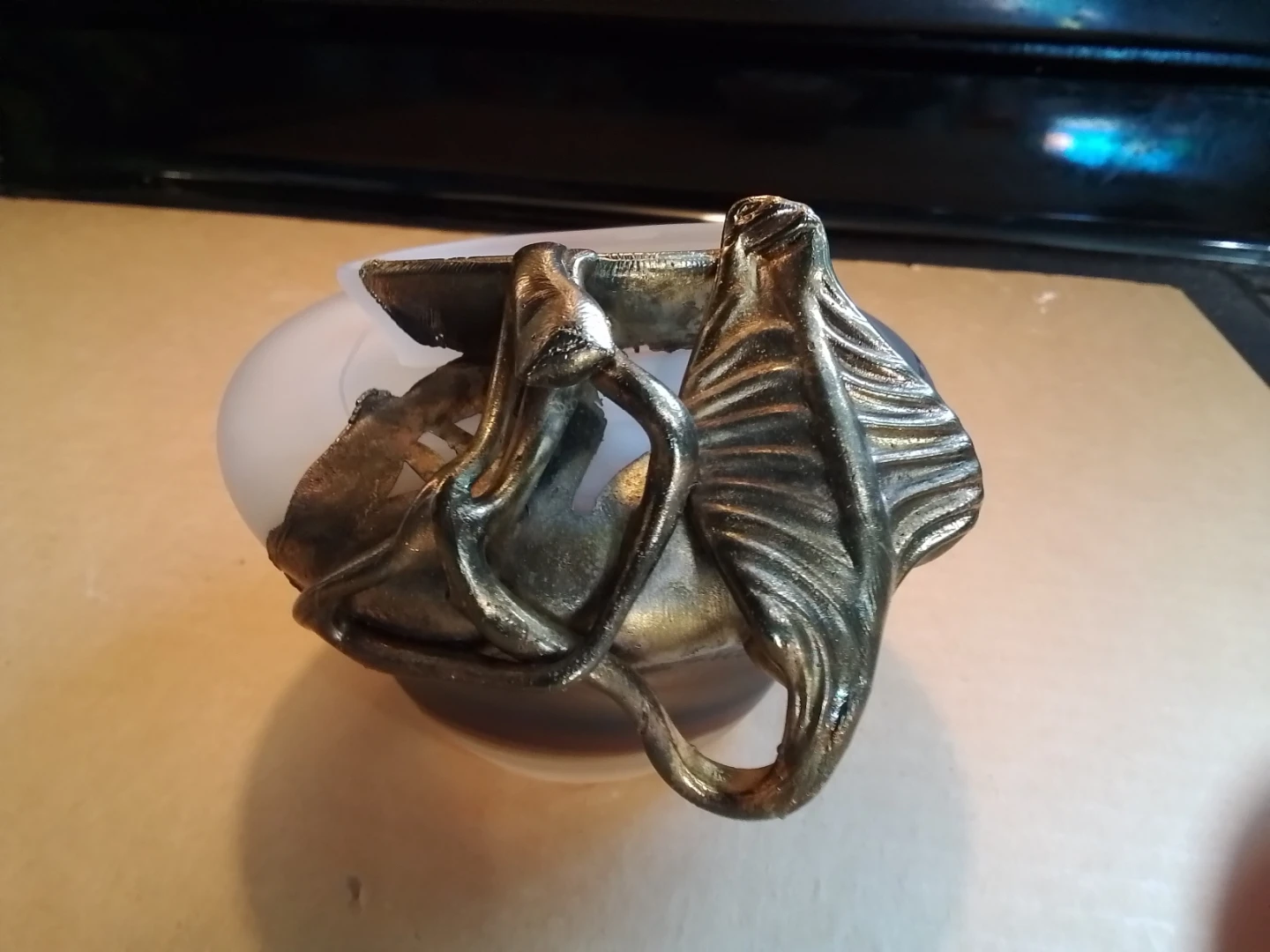Vintage Art Nouveau Signed Art Glass Vase With Metal Overlay - photo 2