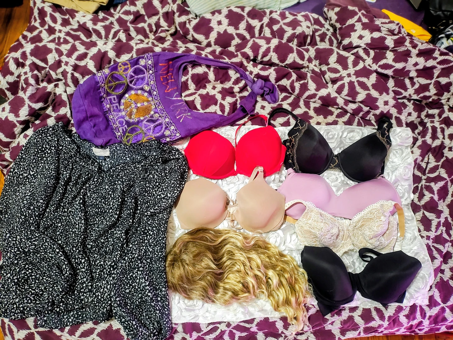 Women 9 piece bundle bra, wig, blouse and bag