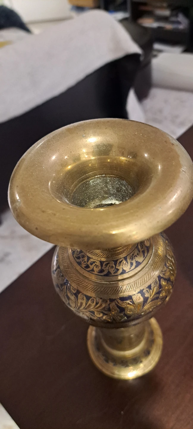 Vintage Brass Vase with Blue Enamel Floral Design - photo 3