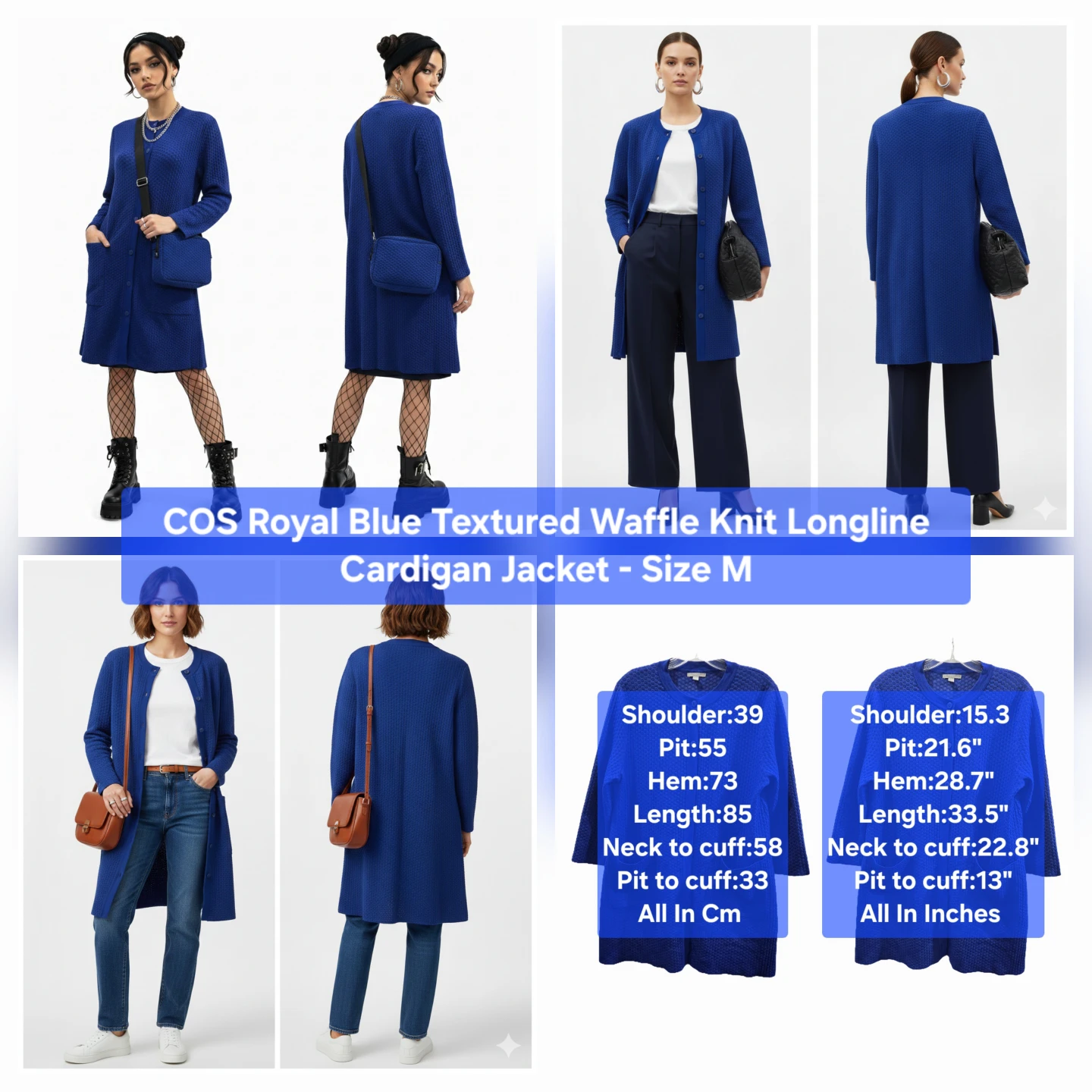 COS Royal Blue Textured Waffle Knit Cardigan Jacket Size M