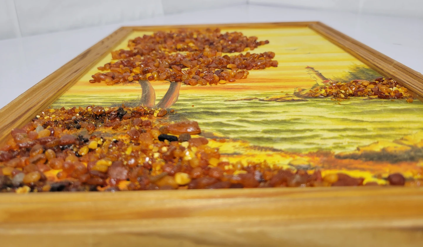 Framed Vintage Handmade USSR Soviet Amber Landscape Art 9.5"×13" - photo 3