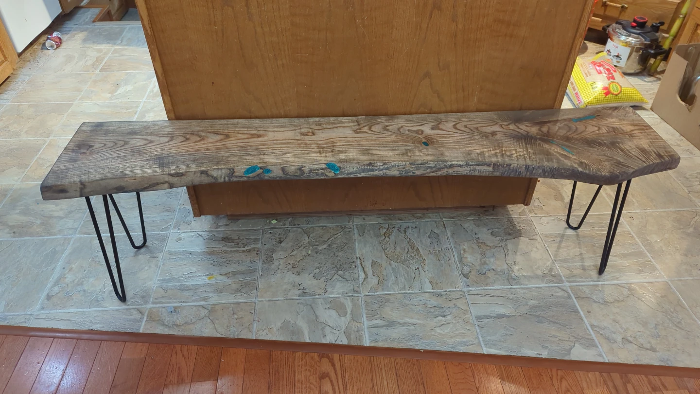 Live Edge Wood Bench with Teal Inlays - photo 2