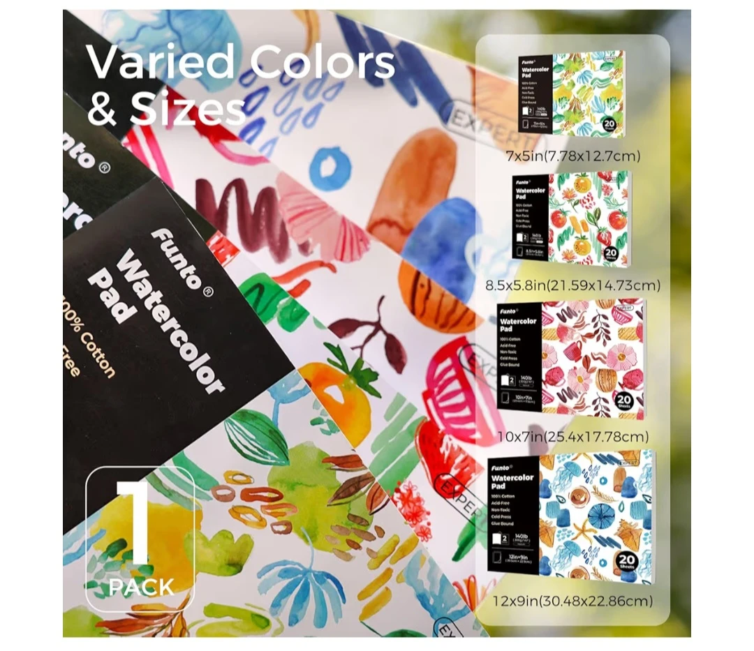 (2 Pack) Funto Watercolor Paper Pads, 100% Cotton, 20 Sheets, - photo 3
