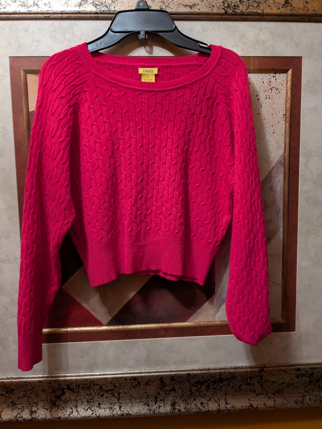 Daisy Cable-Knit Crewneck Sweater - Hot Pink