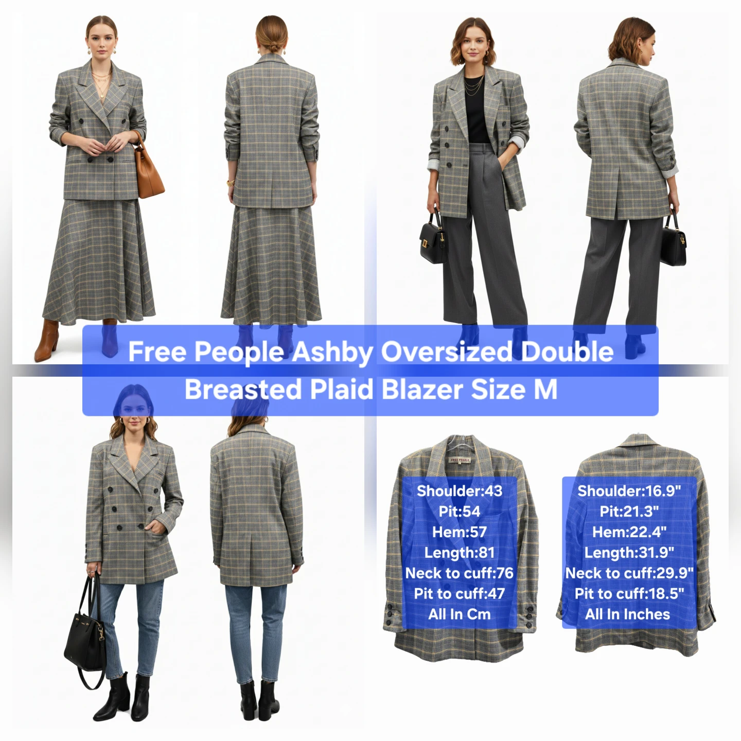 Free People Ashby Oversized Double Breasted Plaid Blazer Size M