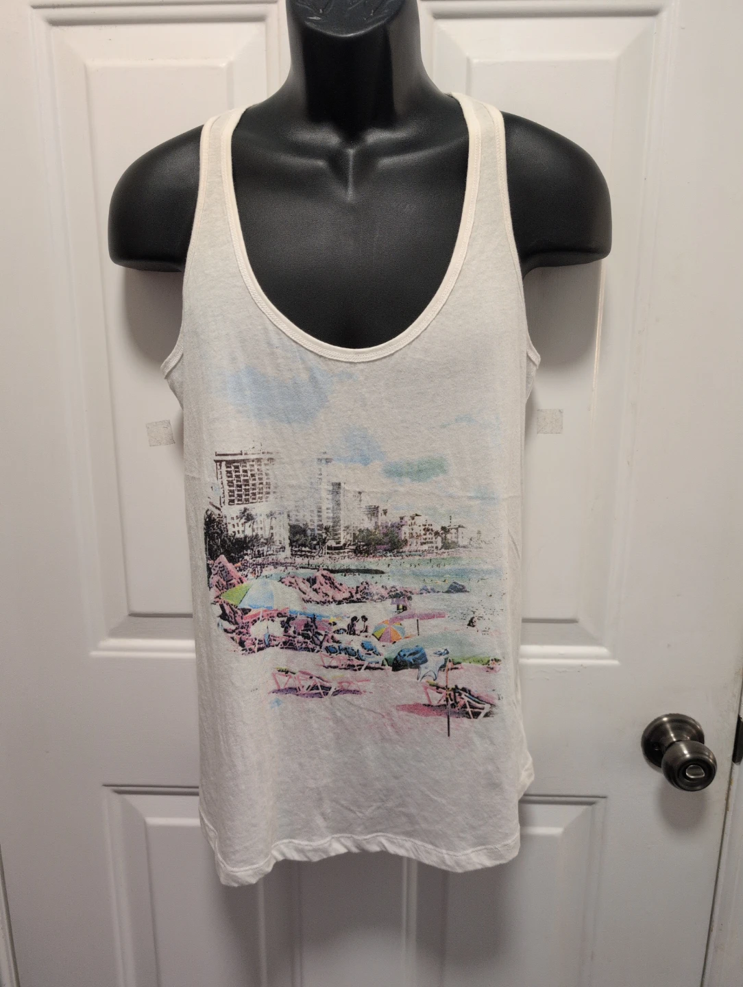 White Tank Top with Beach Scene Graphic