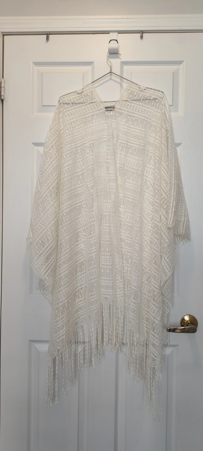 white crochet swimsuit cover-up poncho with a fringe trim - photo 2