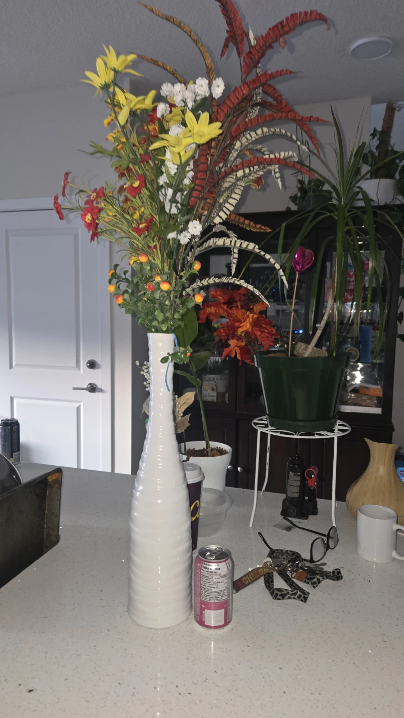 Tall White Ribbed Vase with Artificial Flowers