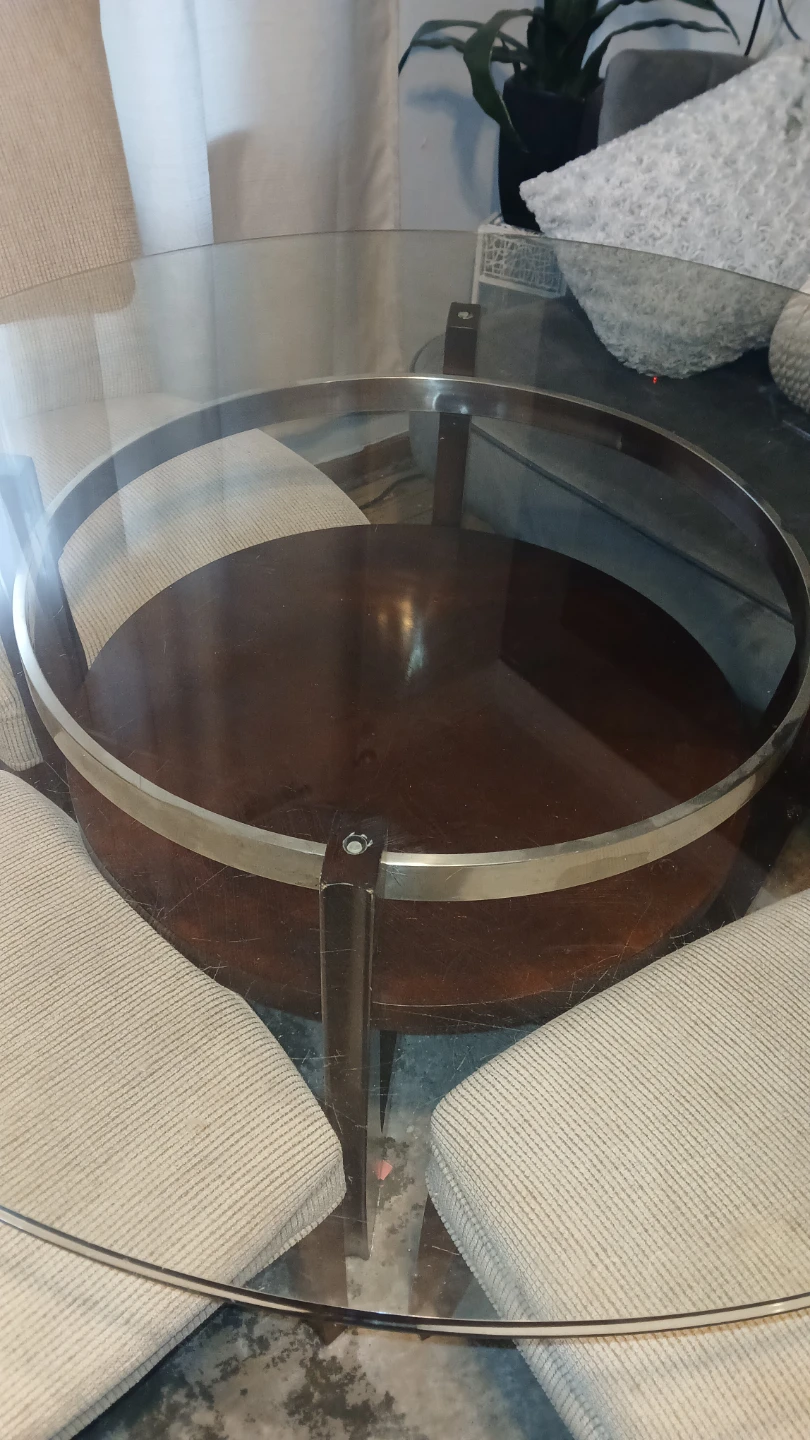 48" Glass Top Dining Table with Wood Base and silver trim