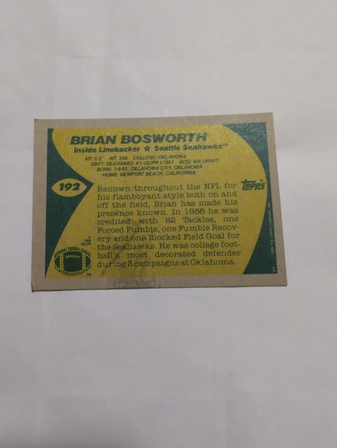 1987 Topps Brian Bosworth Seattle Seahawks Football Card #192 - photo 2