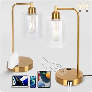 Set of 2 Gold Metal Desk Lamps with USB Ports