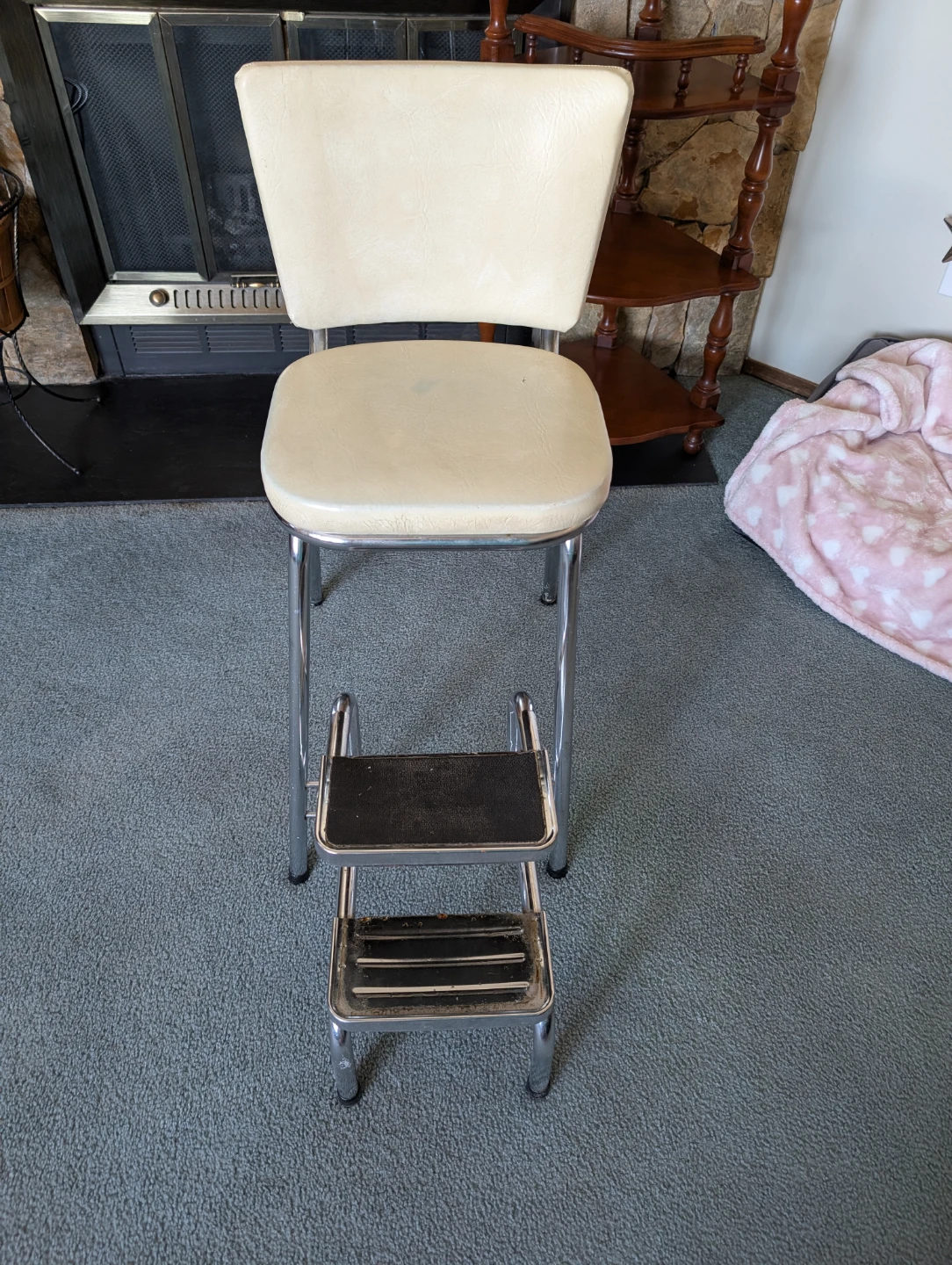Vintage Step Stool Chair Cream Vinyl Chrome 🆓