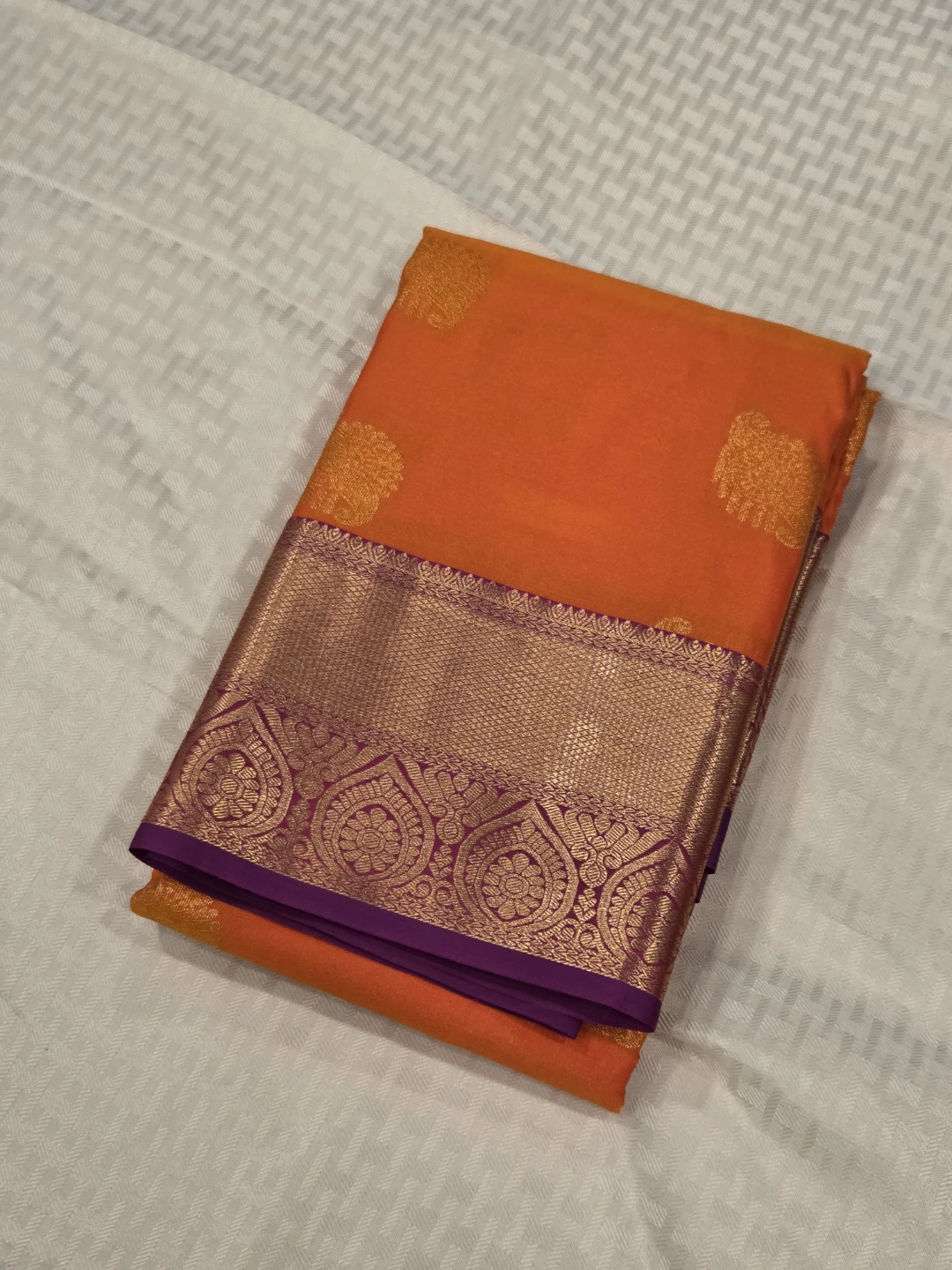 Kanchivaram Orange and Purple Silk Saree with Gold Border - photo 2