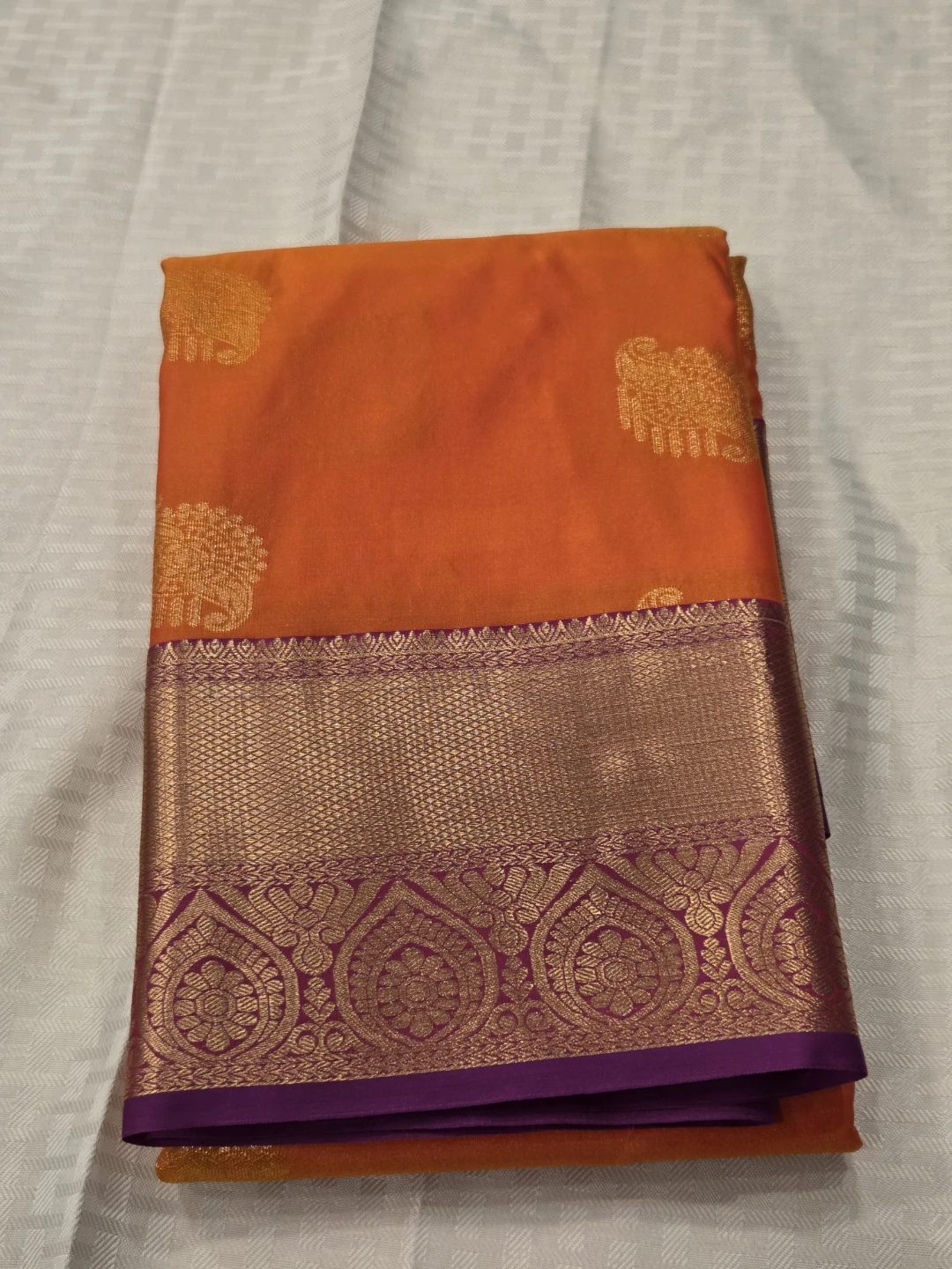Kanchivaram Orange and Purple Silk Saree with Gold Border - photo 3