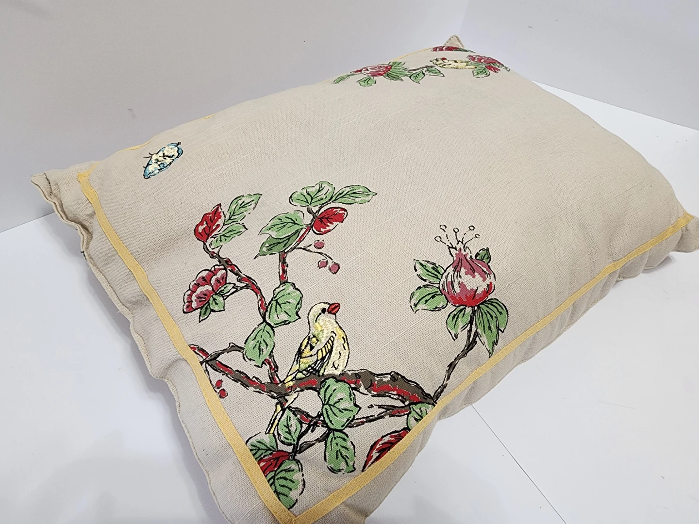 Vintage Chinoiserie Embroidered Pillow - Bird & Botanical Motif - photo 5