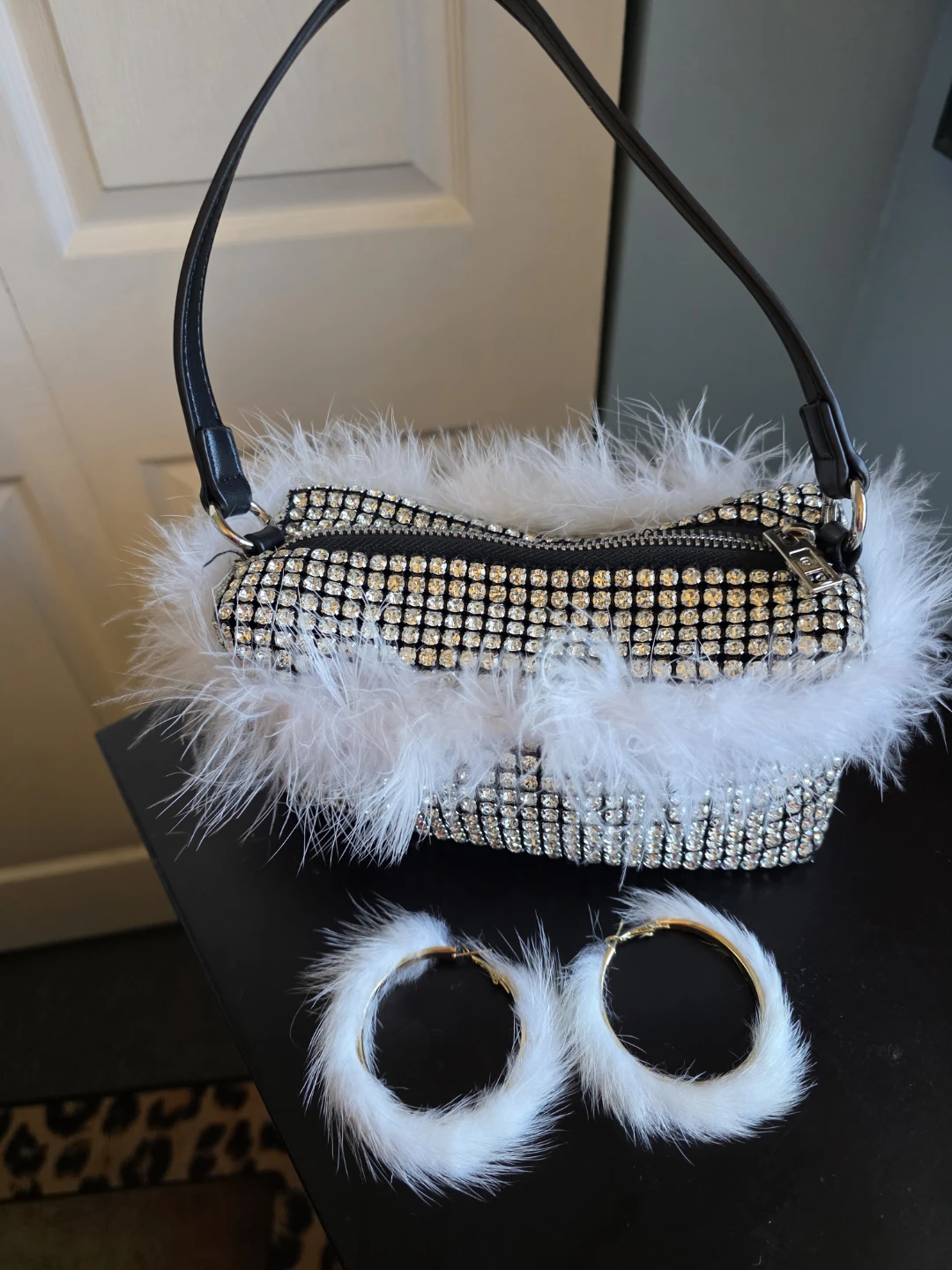 Rhinestone & Feather Mini Bag with Matching Hoop Earrings