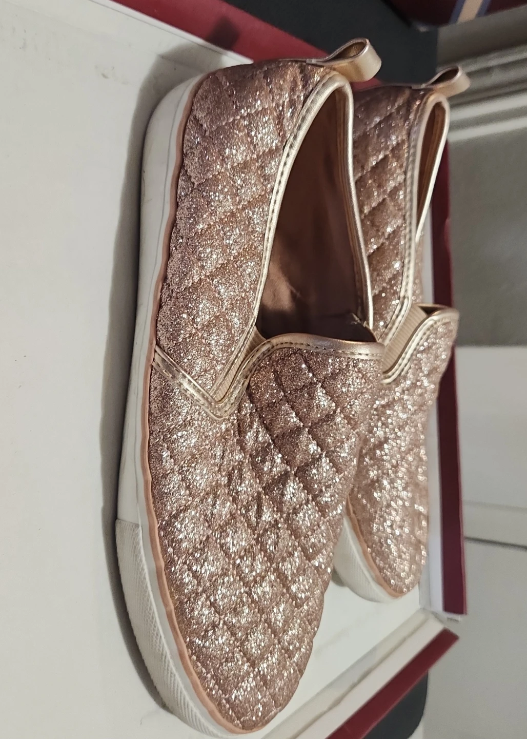 Sparkly Rose Gold Quilted Slip-On Shoes