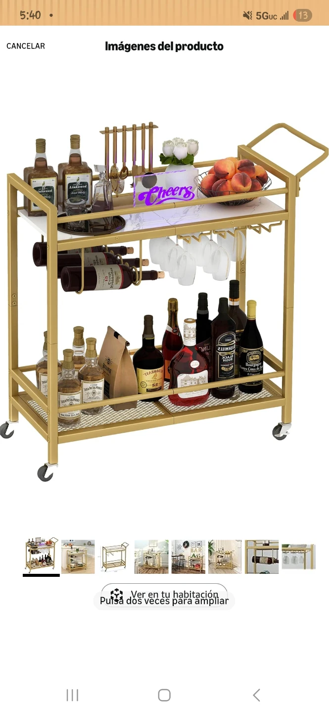Gold Bar Cart with Wine Glass Rack and Bottle Holders