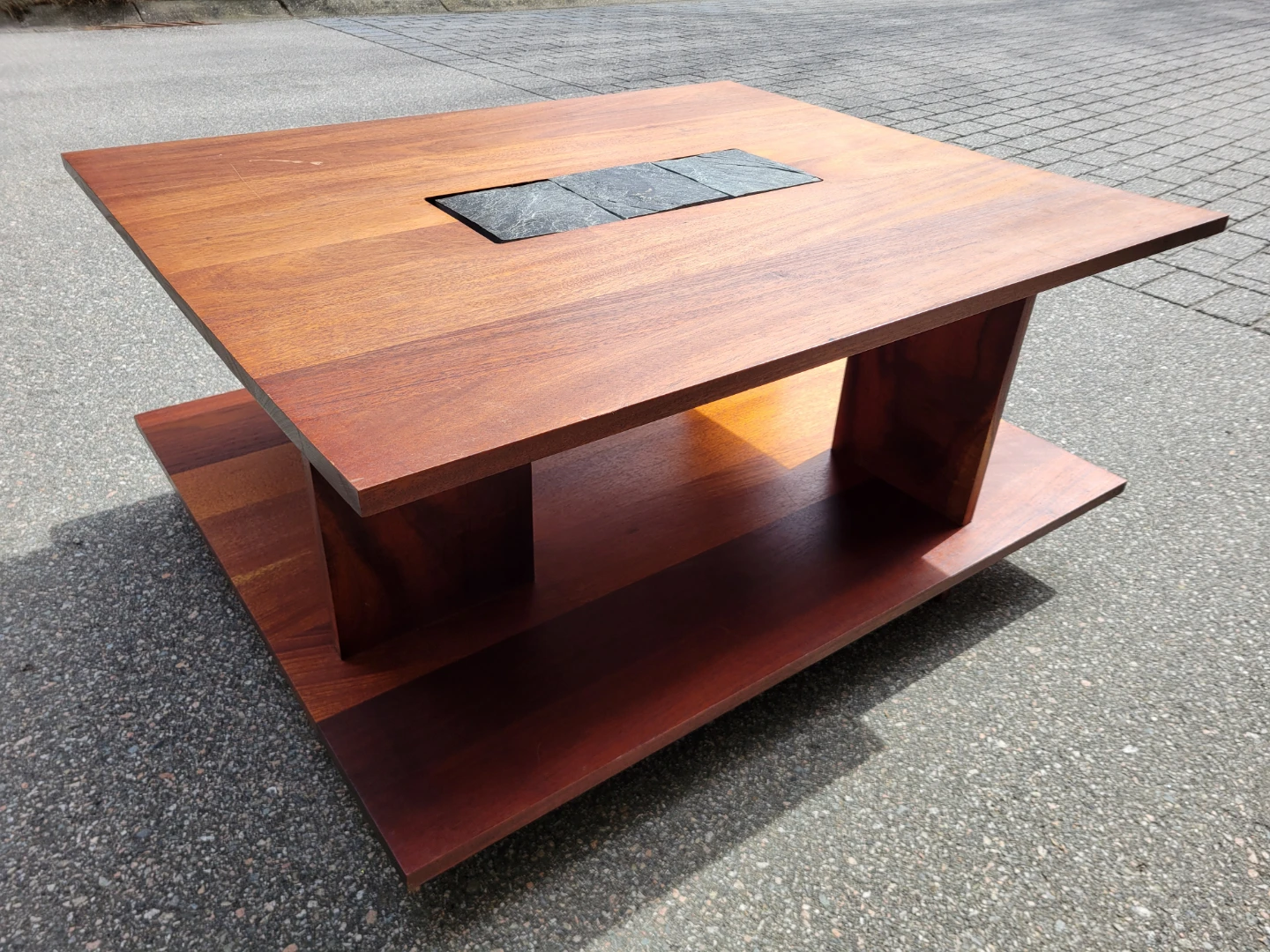 Mid-Century Modern Solid Wood Coffee Table with Slate Inlay