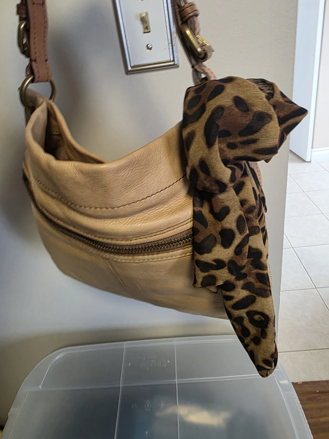 Fossil Leather Hobo Bag with Leopard Scarf Accent - photo 2
