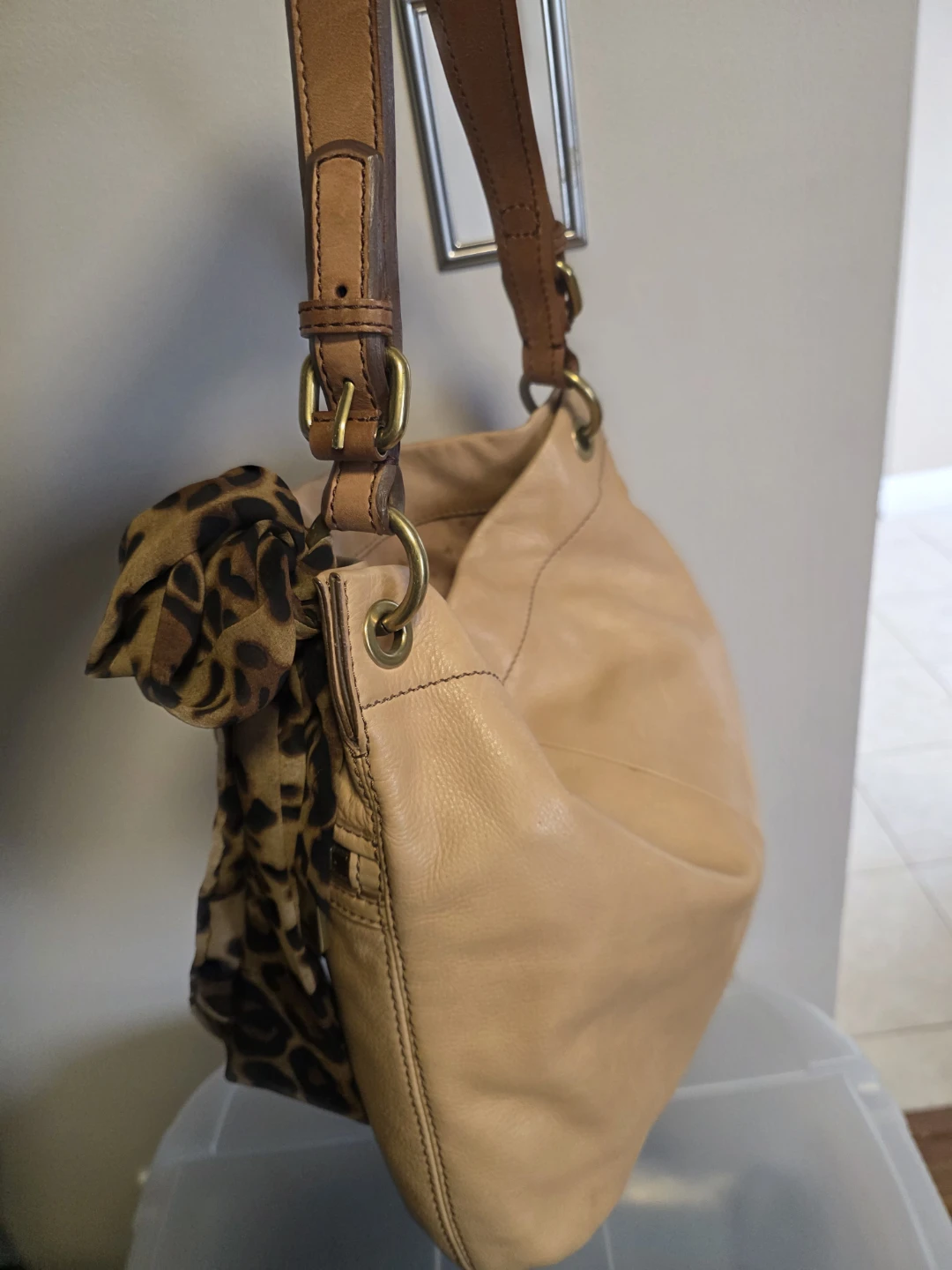 Fossil Leather Hobo Bag with Leopard Scarf Accent - photo 4