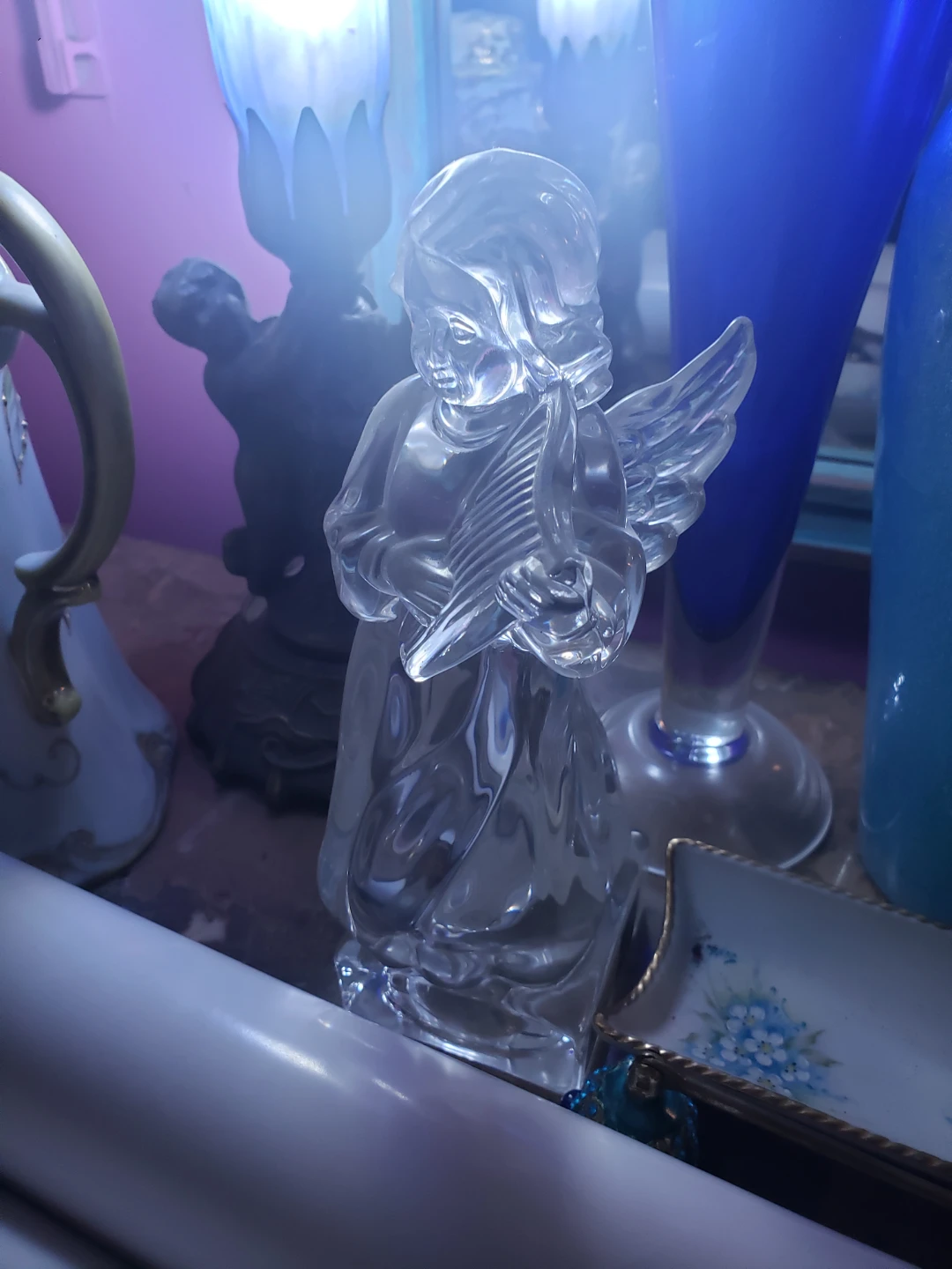 2 Clear Glass Angel Figurines with Lyre - photo 2
