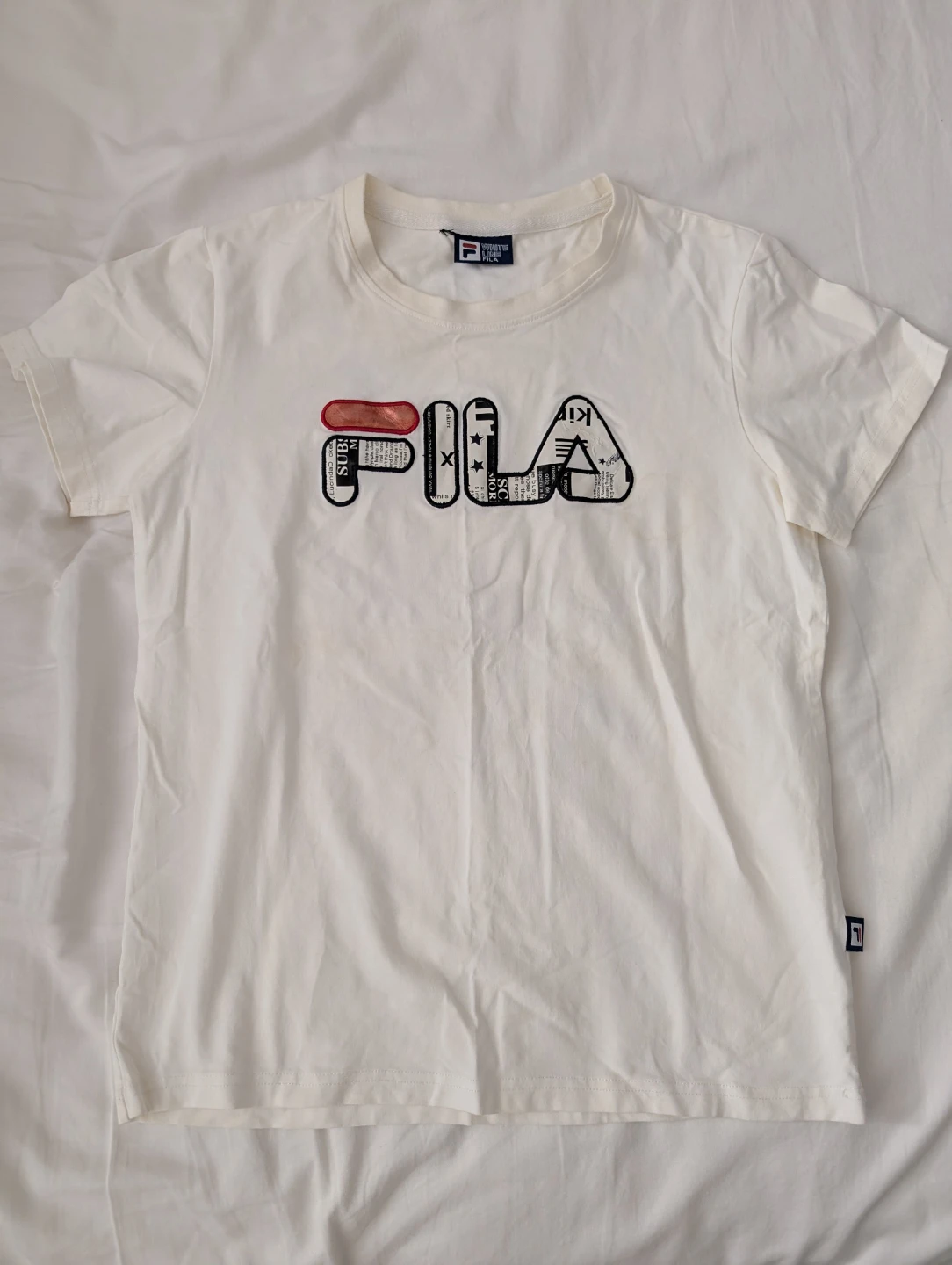 Fila White Cotton T-Shirt Stained Distressed Vintage Y2K design