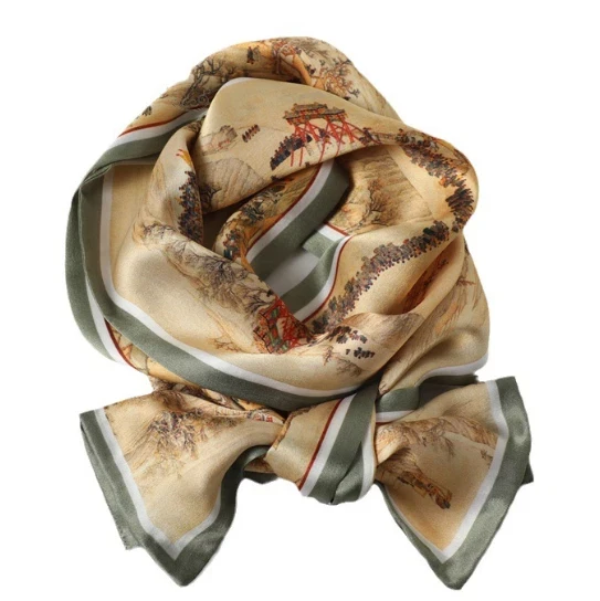 New 100% Silk Scarf with Traditional Landscape Print