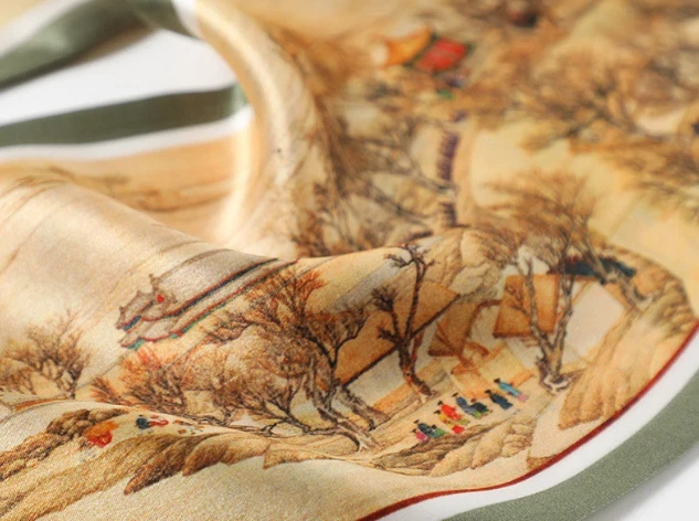 New 100% Silk Scarf with Traditional Landscape Print - photo 2