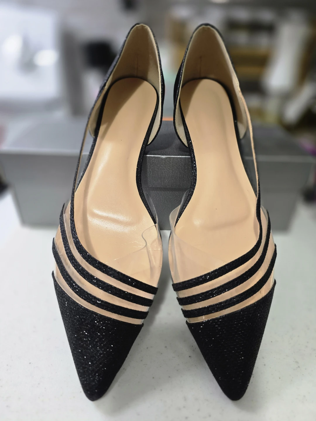 Black Glitter Pointed Toe Flats (Clear Sides) - size 11