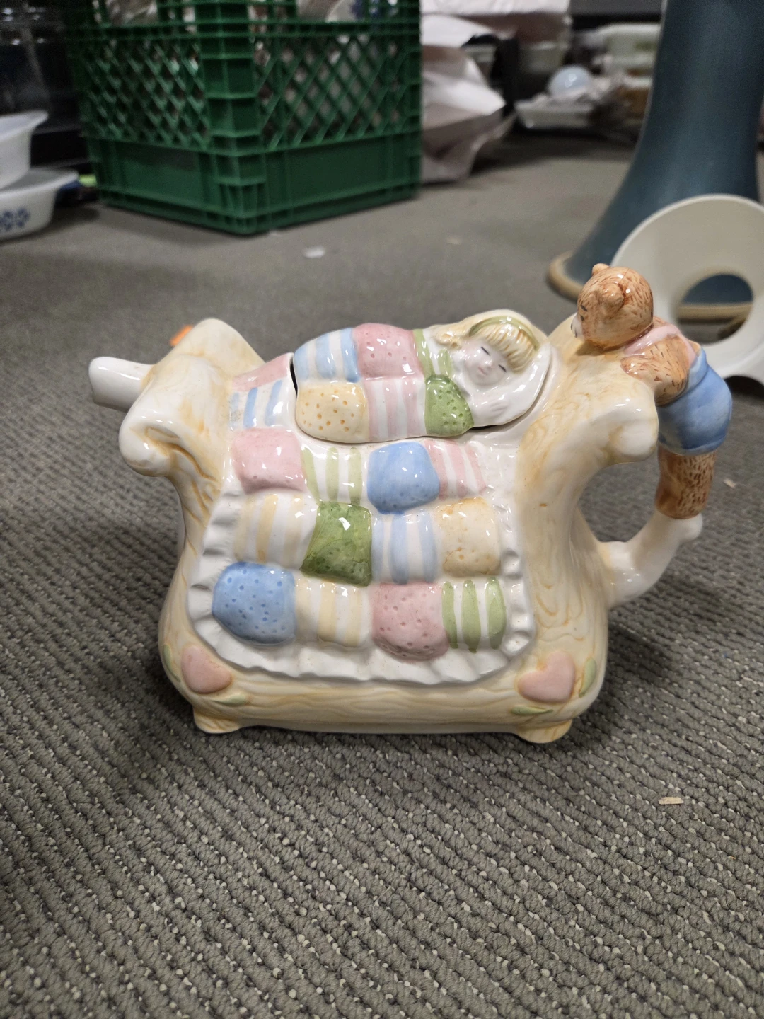 Quilted bed Napping Child and Bear Ceramic Teapot