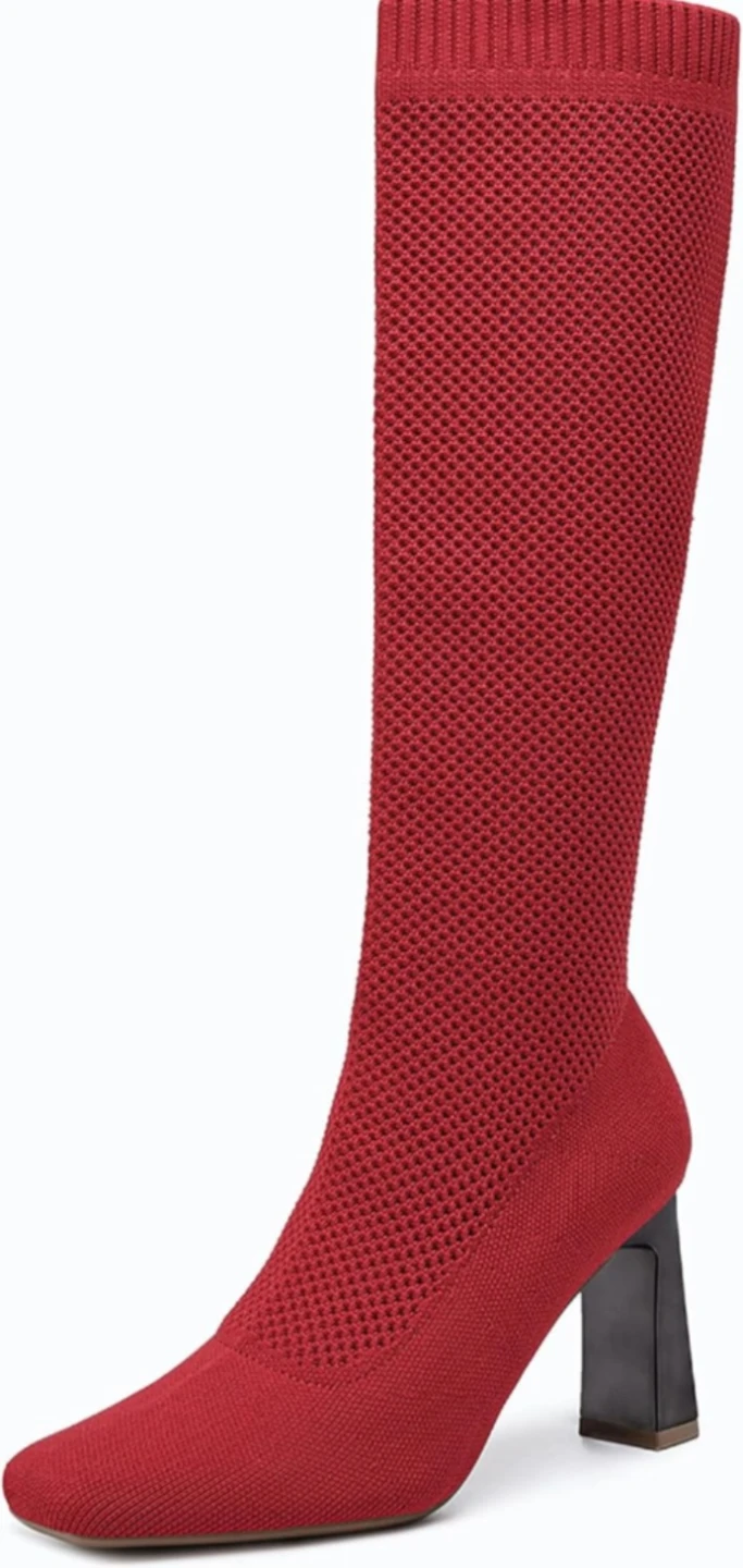 Red Knit Knee-High Boots with Block Heels - photo 2