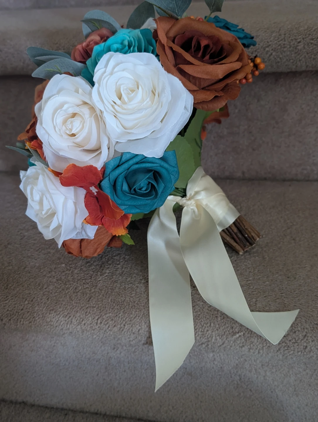 Artificial Flower Bouquet - Teal, Rust, and White Roses 🥕