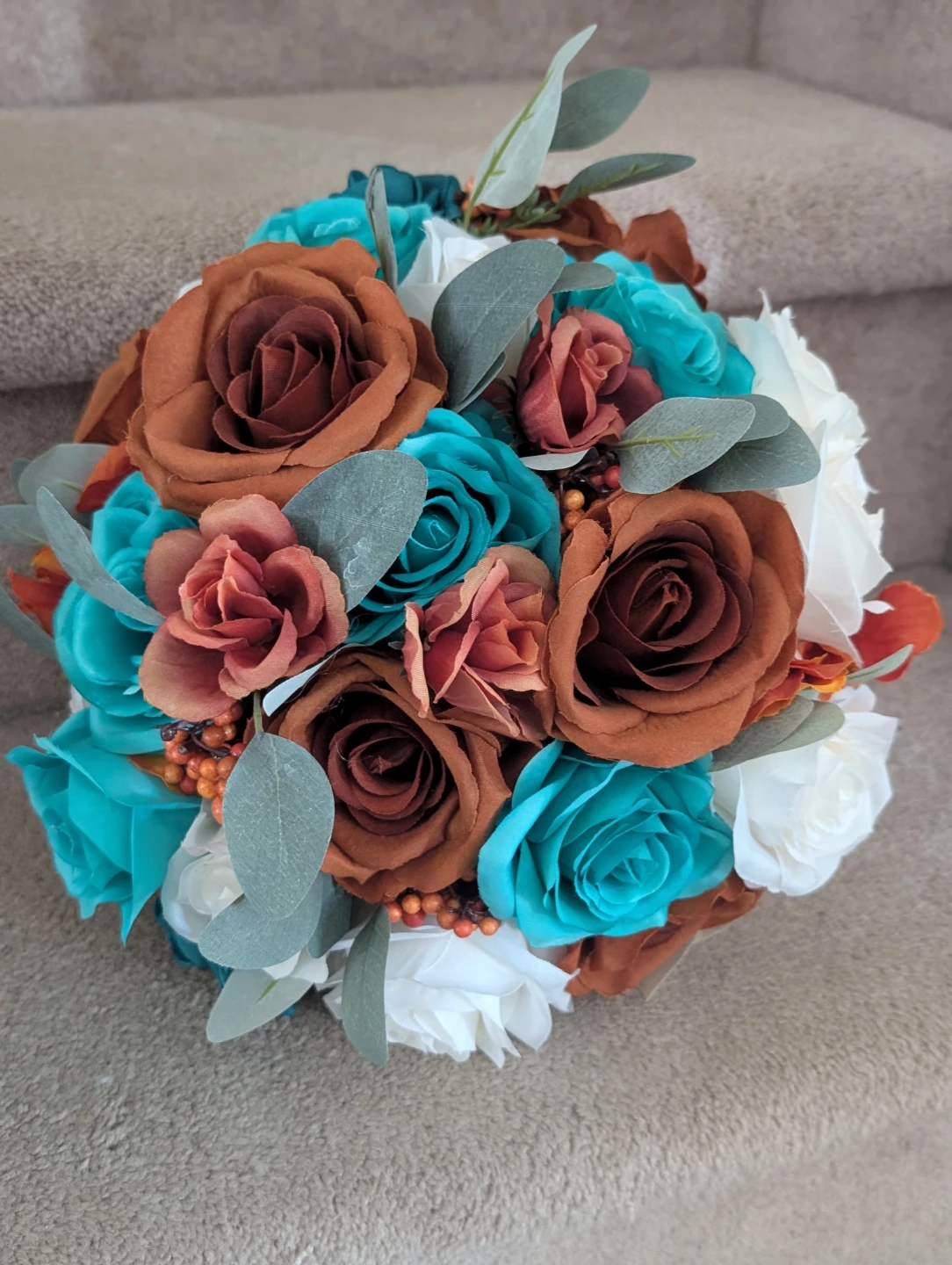 Artificial Flower Bouquet - Teal, Rust, and White Roses 🥕 - photo 2