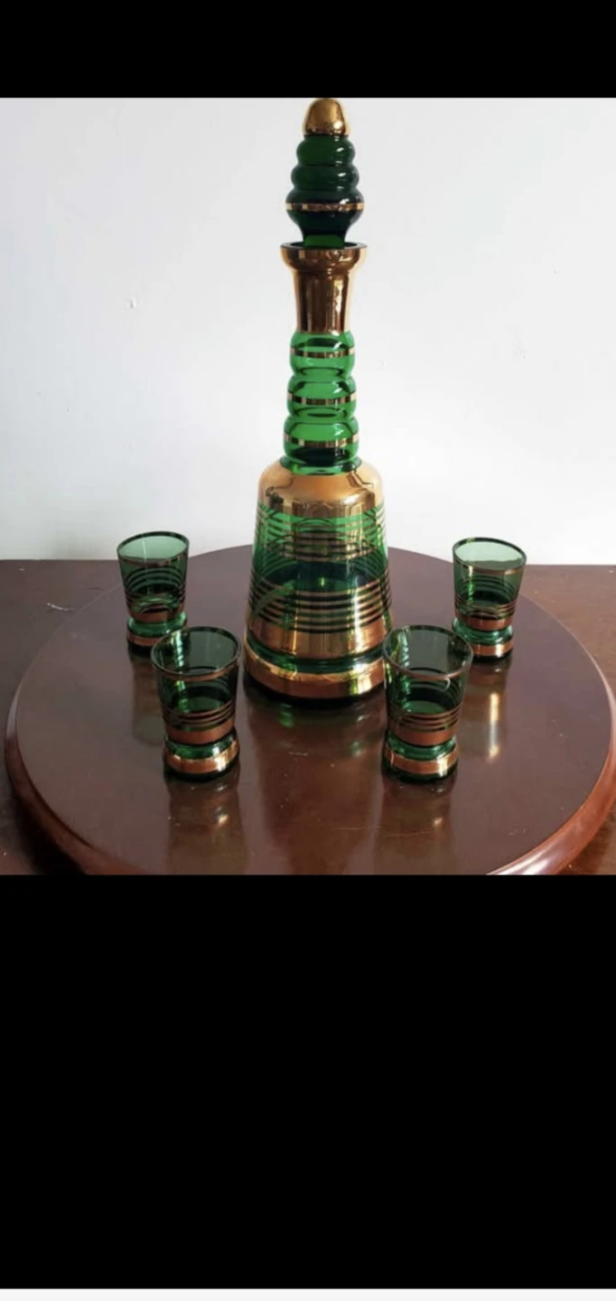 Vintage Green and Gold Decanter Set with 4 Glasses