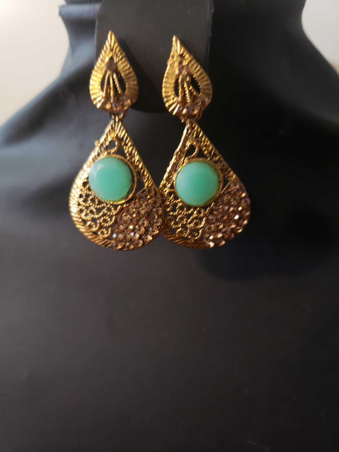 Gold Tone Dangle Earrings with Teal Stones
