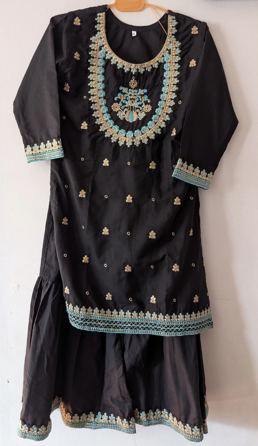 Black Embroidered Girls Kurta and gharara  Set