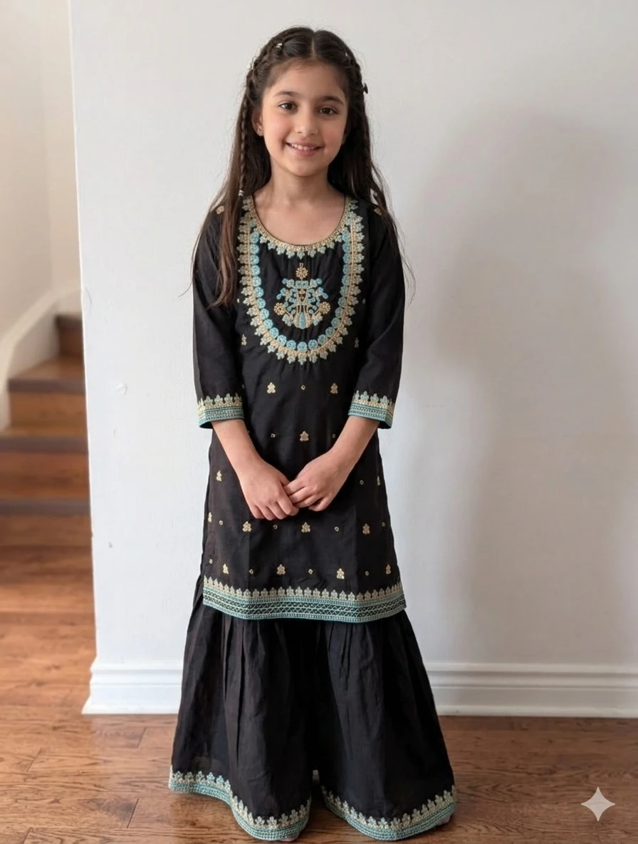 Black Embroidered Girls Kurta and gharara  Set - photo 2