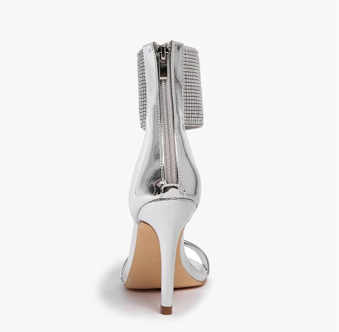 Women’s Rhinestone Ankle Cuff Heels Silver Strappy Size 7.5 - photo 5
